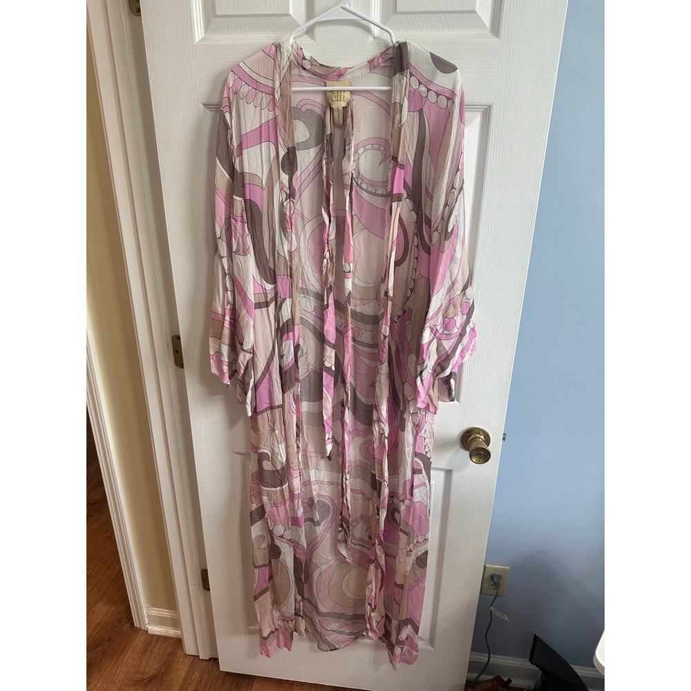 Cin Cin Oasis Fortune Viscose Robe Cover Up Belted Pink Tan Resortwear Sz S/M - Picture 3 of 8